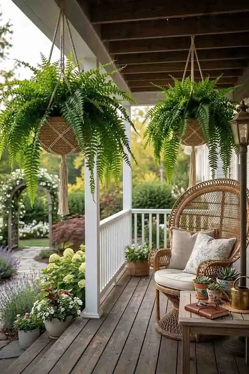 Hanging Faux Ferns in Woven Baskets
