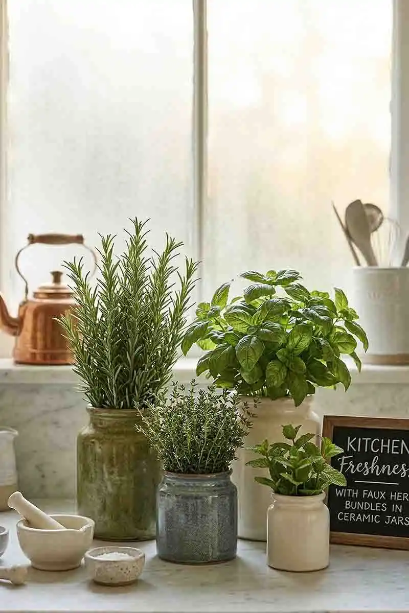 Faux Herb Bundles in Ceramic Jars