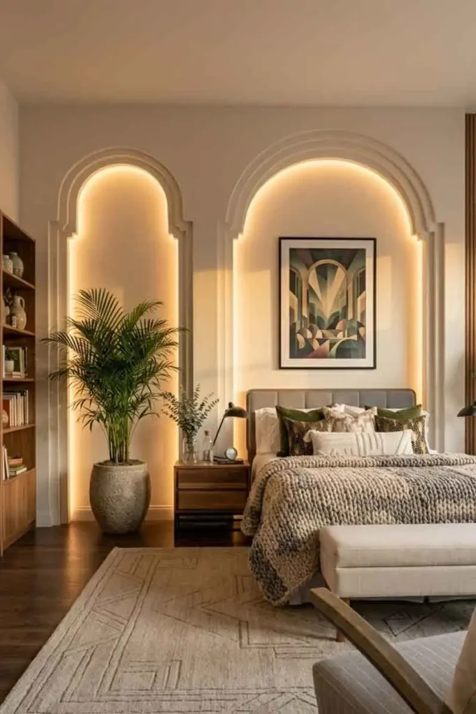 bedroom styled with fake plants