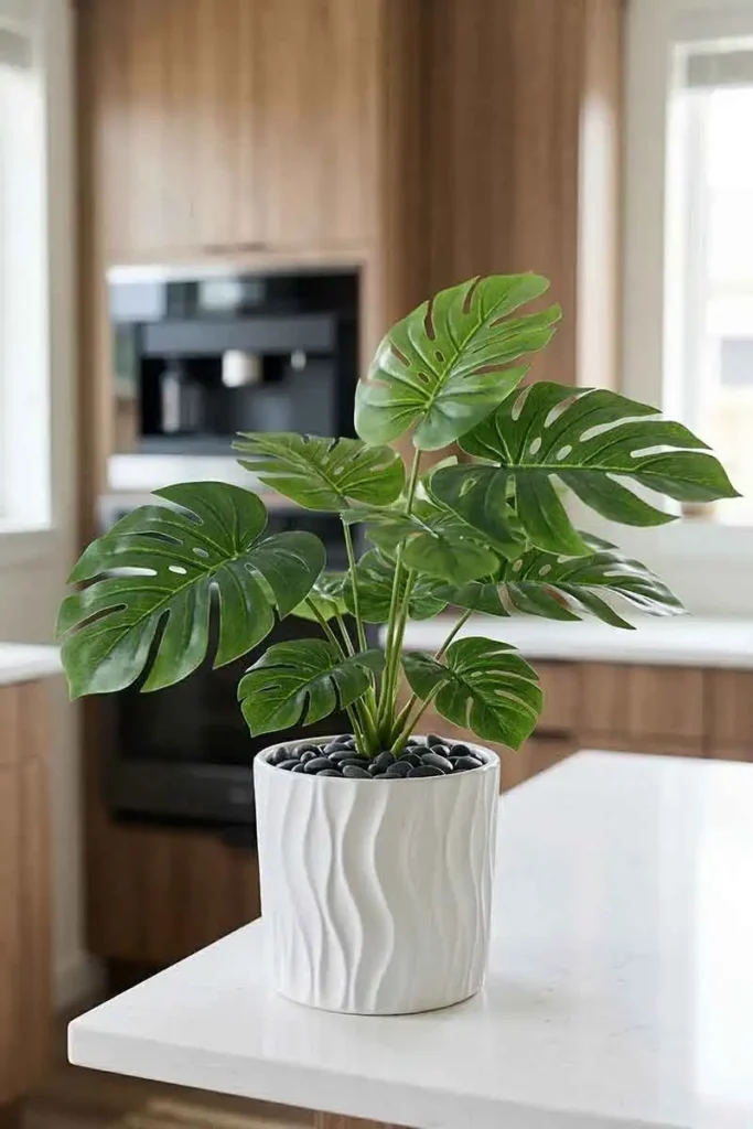 natural looking fake plant on bedside table