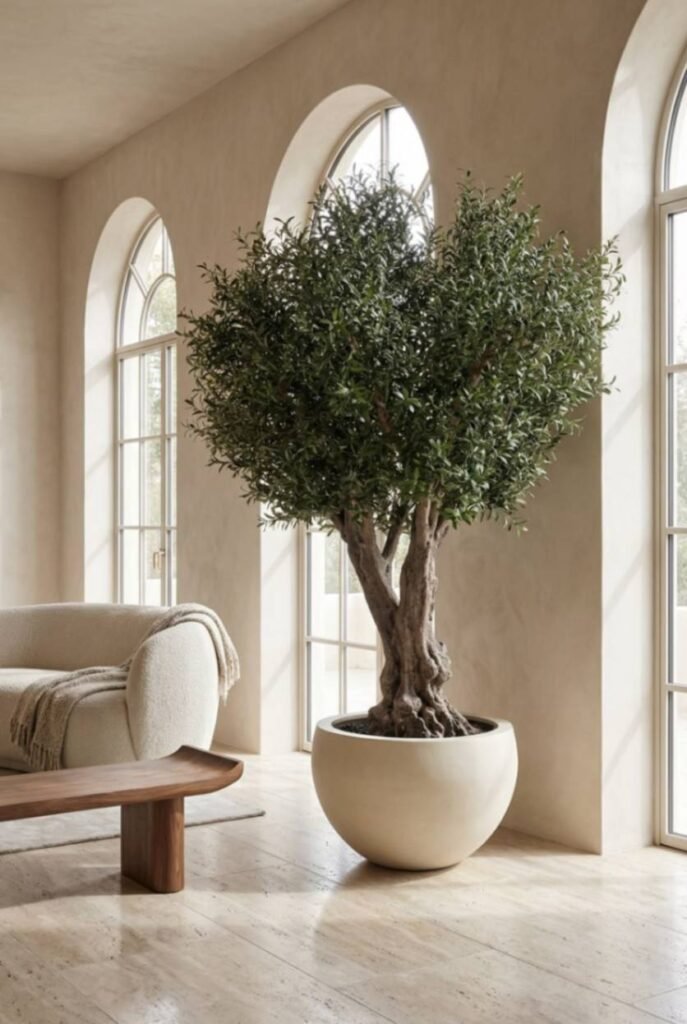 Artificial olive tree with natural looking trunk beside window