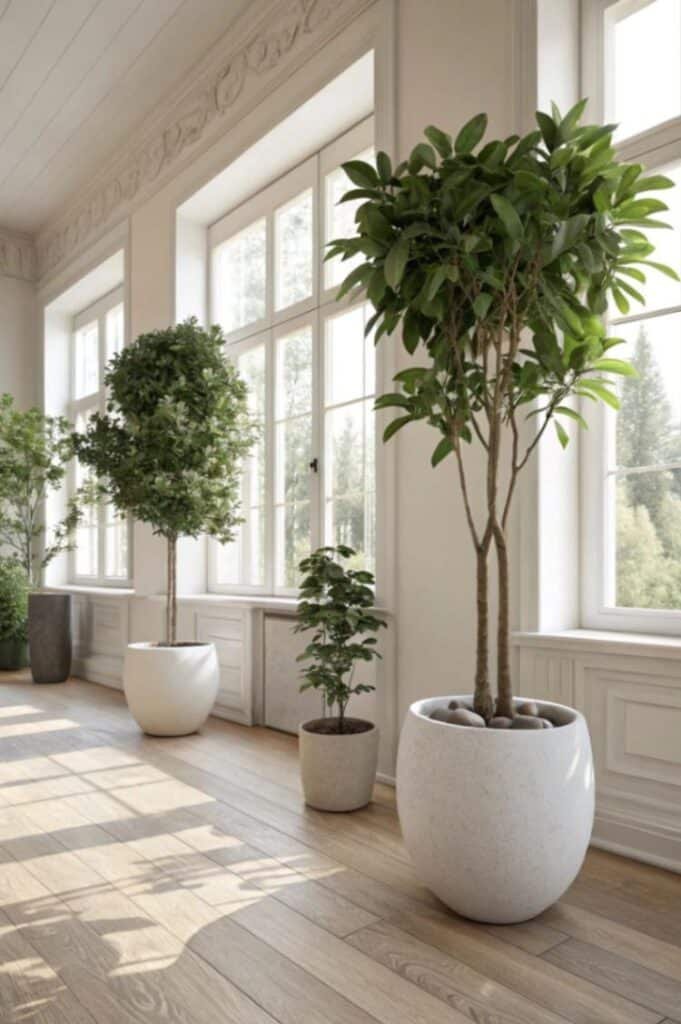 artificial potted plants near windows