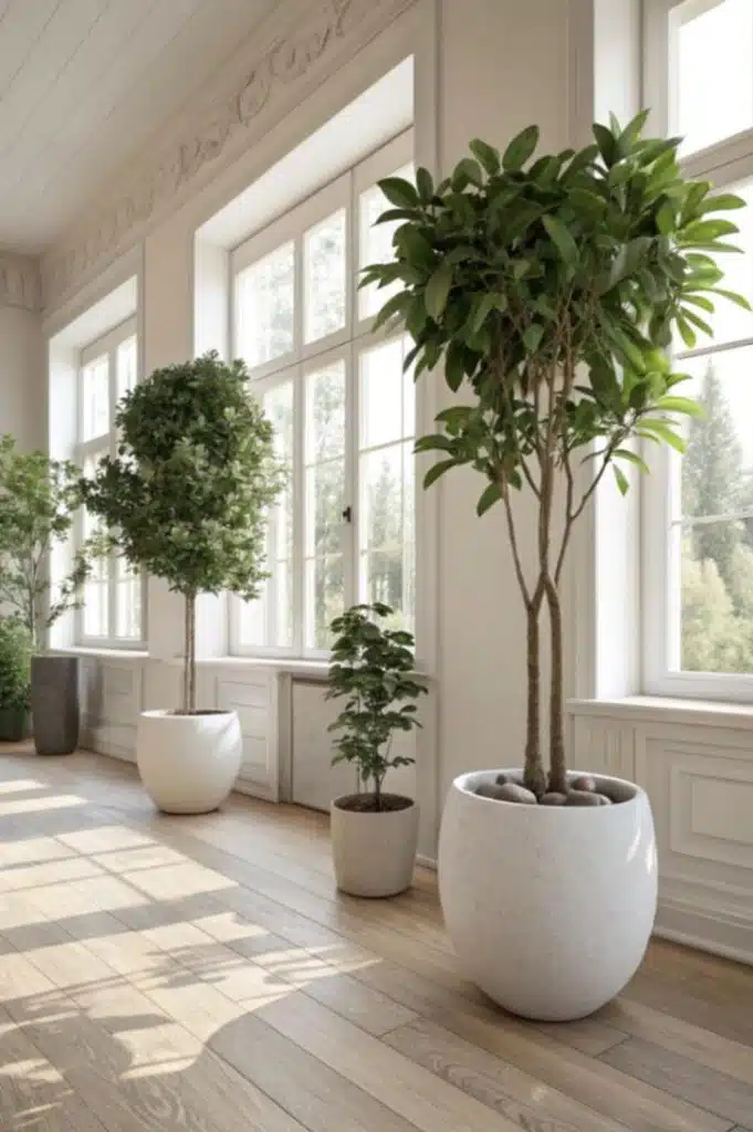 artificial potted plants near windows
