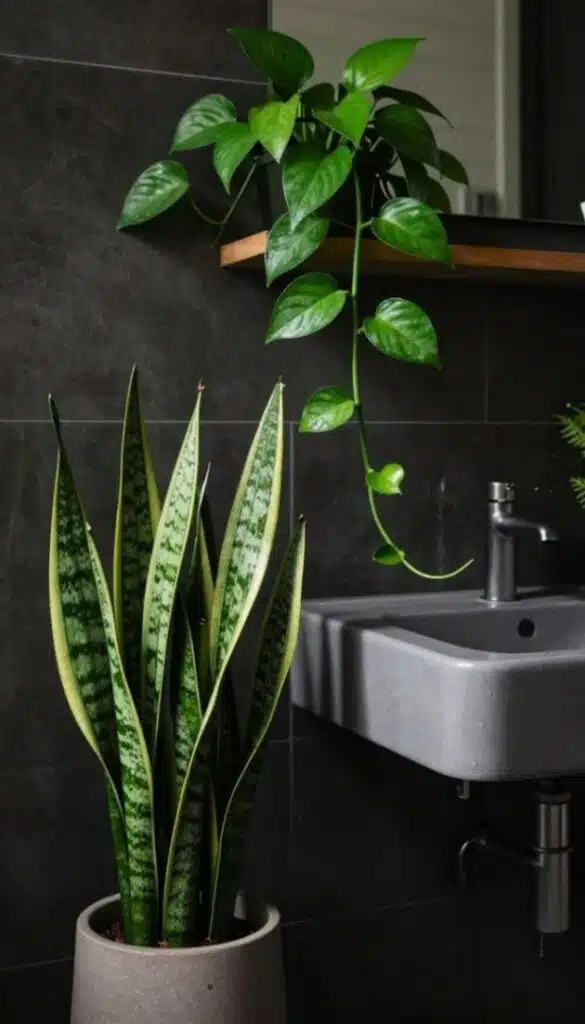 Artificial snake plant in bathroom