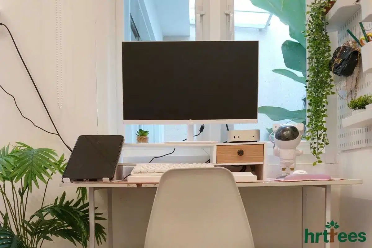 home office decorated with fake vines