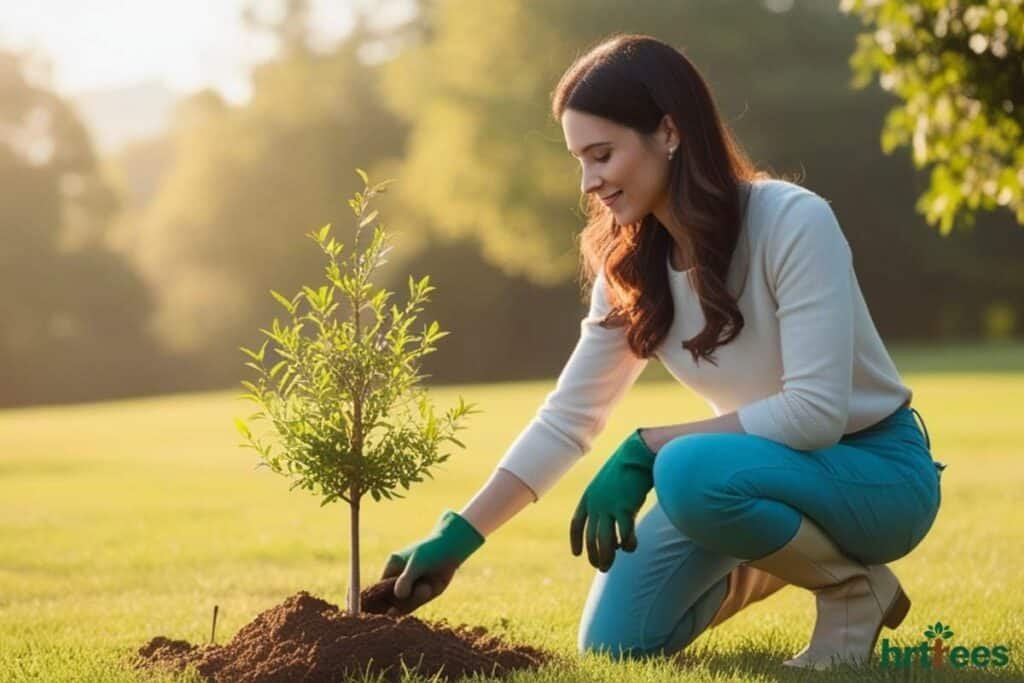 woman planting fake plant with natural aesthetic in ground